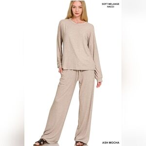 Zenana Soft Melange Hacci Lounge Set Small Ash Mocha Long Sleeve Top Pants